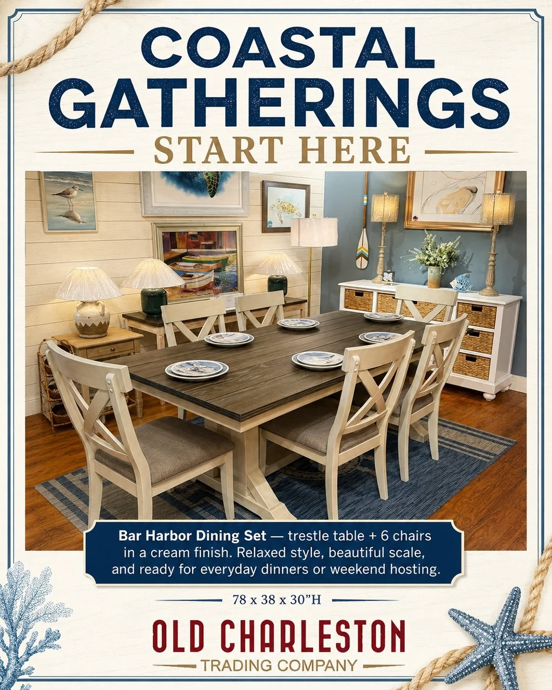 🌊 𝐆𝐀𝐓𝐇𝐄𝐑 𝐀𝐑𝐎𝐔𝐍𝐃 𝐒𝐎𝐌𝐄𝐓𝐇𝐈𝐍𝐆 𝐁𝐄𝐀𝐔𝐓𝐈𝐅𝐔𝐋.

Some dining rooms are simply where you eat. Others become where everyone ends up.

The Bar Harbor Dining Set brings relaxed coastal style to the table with a handsome trestle design