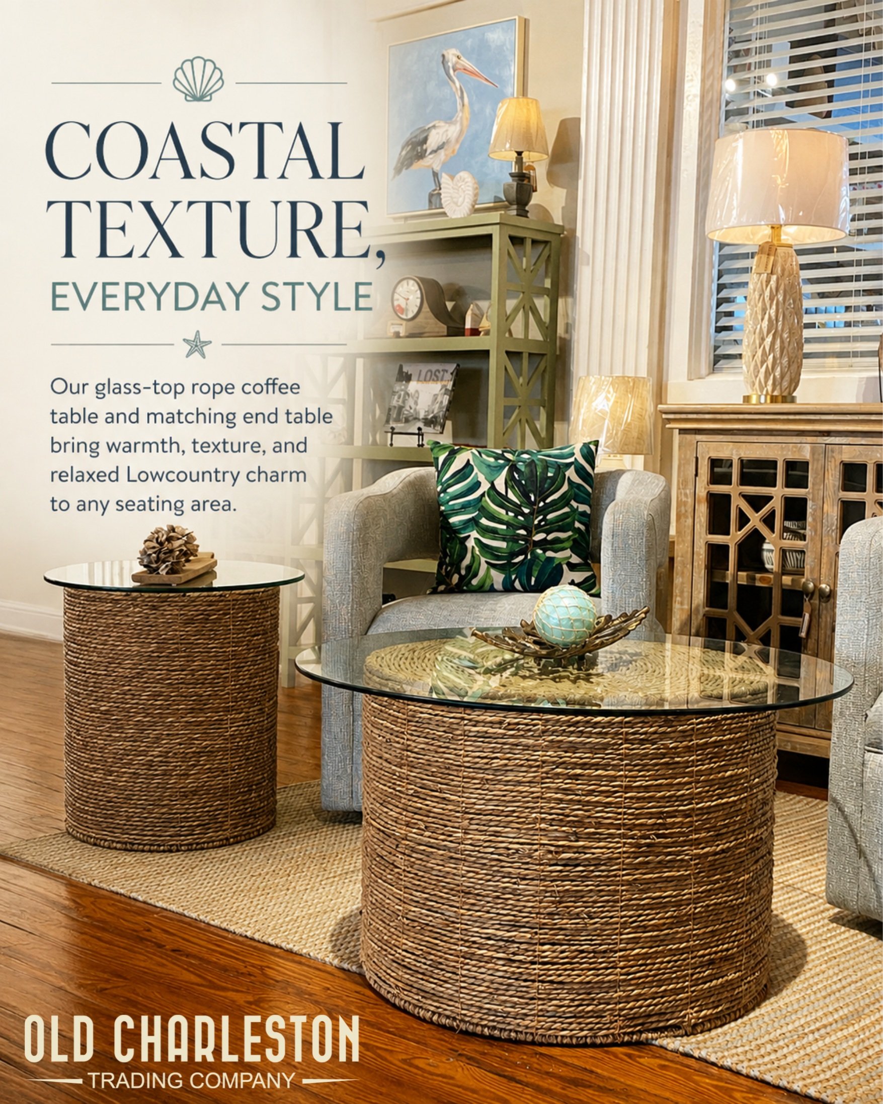 🌾 𝗖𝗢𝗔𝗦𝗧𝗔𝗟 𝗧𝗘𝗫𝗧𝗨𝗥𝗘, 𝗗𝗢𝗡𝗘 𝗥𝗜𝗚𝗛𝗧.
Some pieces just feel like they belong near the coast.

The woven rope bases bring warmth and natural texture, while the clear glass tops keep everything feeling light, open, and easy.

Our match