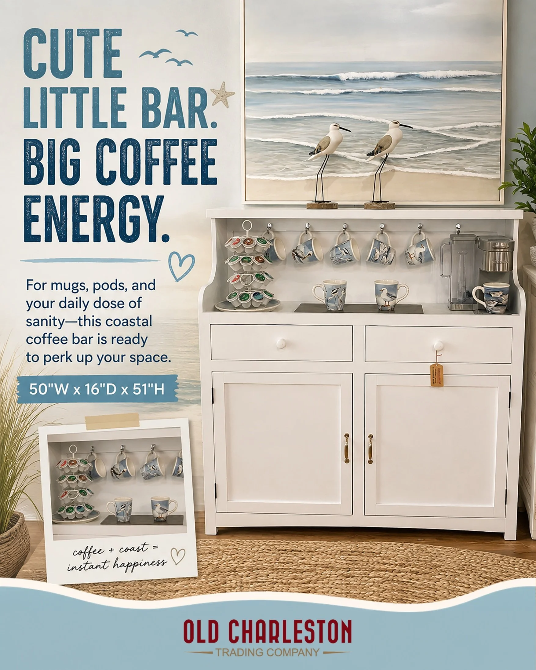 🌊 𝗔 𝗟𝗜𝗧𝗧𝗟𝗘 𝗖𝗢𝗔𝗦𝗧. 𝗔 𝗟𝗢𝗧 𝗢𝗙 𝗖𝗢𝗙𝗙𝗘𝗘.
Some furniture holds dishes...
 Some furniture holds linens...

This one holds the stuff that keeps the whole household functioning. ☕😂

Meet our rustic white 𝙘𝙤𝙖𝙨𝙩𝙖𝙡 𝙘𝙤𝙛𝙛𝙚𝙚 𝙗