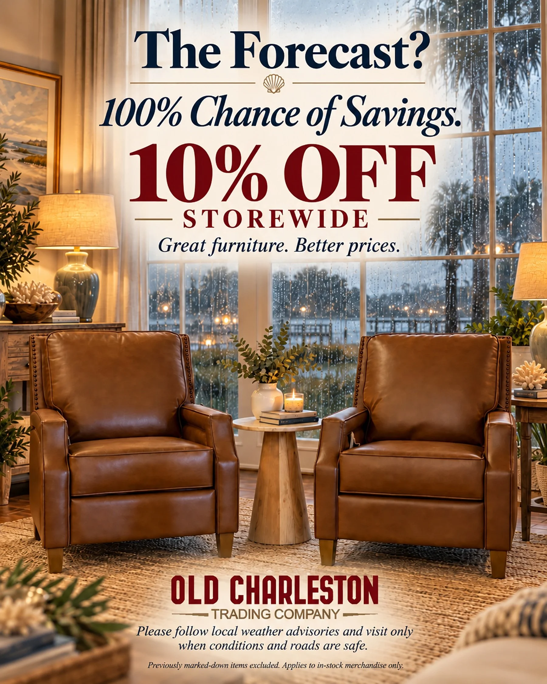 🌧️ THE FORECAST? 100% CHANCE OF SAVINGS! ☀️

The Lowcountry may be in for a soggy weekend, but we're bringing a little sunshine to your furniture shopping!

☀️ 10% OFF STOREWIDE!
🍂 OCTOBER 10&ndash;12

From distinctive consoles and beautiful accent