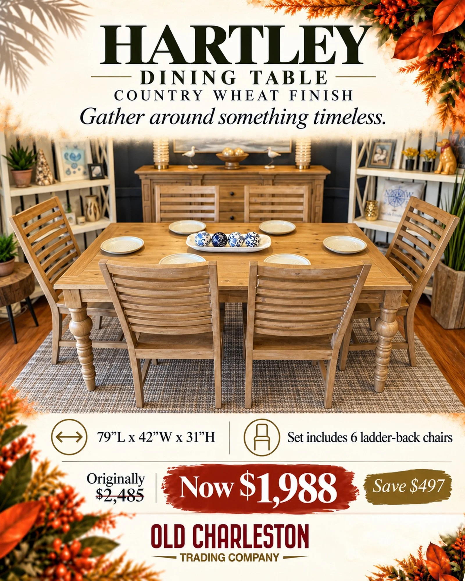 🍂 A BEAUTIFUL DINING ROOM. A BEAUTIFUL SAVINGS!

✨ 7 PIECES. NOW JUST $1,988! ✨

Some tables are meant for meals. Others are meant for making memories.

The Hartley Dining Set does both &mdash; and right now, it's part of our AUTUMN TABLE SALE! 🍁

