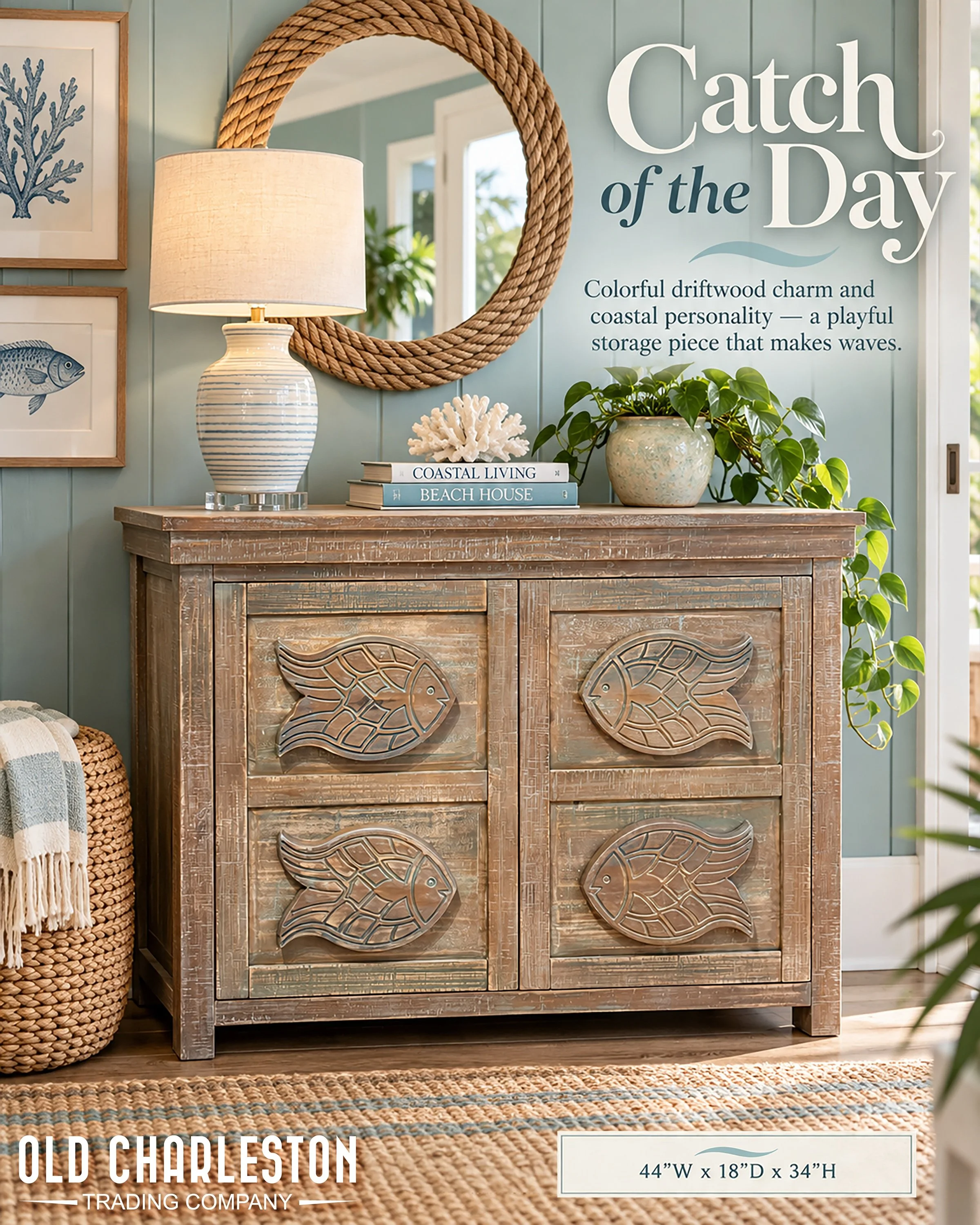 SOMETHING'S FISHY... AND WE LOVE IT! 🌊
⠀
🐟 We've officially found our catch of the day! 
⠀
Who says storage has to be boring? Certainly not us. 😉
⠀
Meet our new Fish Cabinet&mdash;a playful piece bringing a splash of coastal charm, colorful driftw