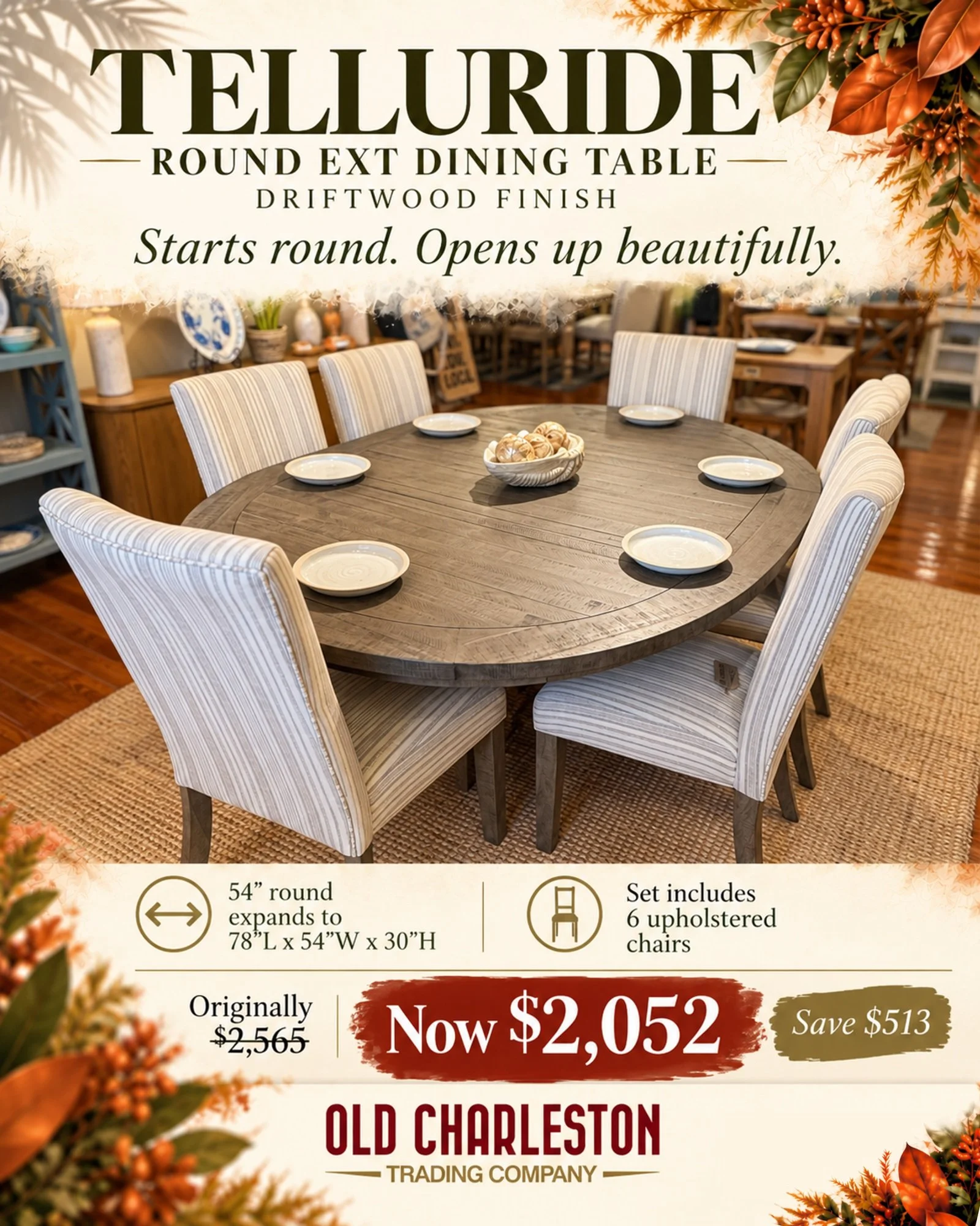 🍂 SMALL GATHERING? BIG DINNER PARTY? ONE BEAUTIFUL TABLE!

>>>SALE<<<

Some tables are made for everyday meals.

Others are made for making memories.

The Telluride Dining Set does BOTH! ✨

Imagine cozy morning coffee around a beau