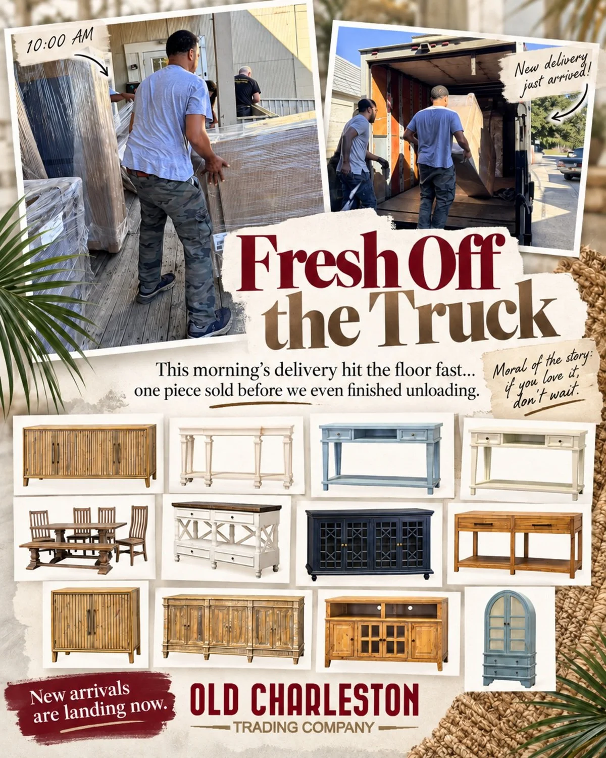 🚚 THE TRUCK WASN'T EVEN EMPTY YET! 😂

10 AM: The furniture truck arrives.

10:05 AM: We're unloading.

Before we're even finished: SOLD! 🛍️

Apparently, our furniture doesn't believe in waiting around.

✨ Fresh consoles, cabinets, dining furniture