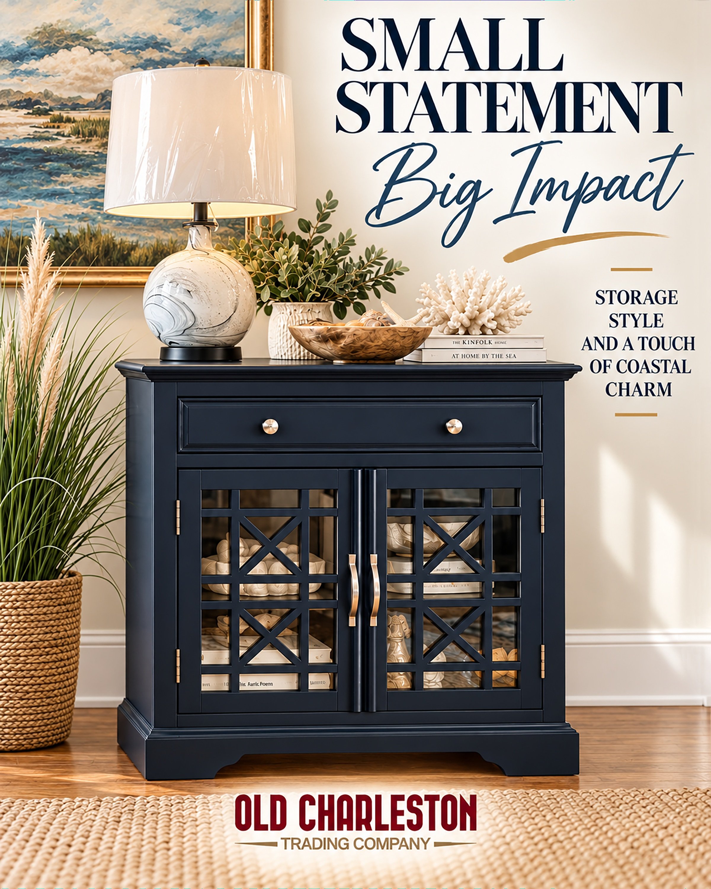 🌊 NOT ALL COASTAL STYLE COMES IN WHITE!

Sometimes, a little navy is exactly what a room needs. 💙

Meet a small statement piece with a seriously beautiful personality. Our Navy Chest brings together elegant glass fretwork, a rich navy finish, and j