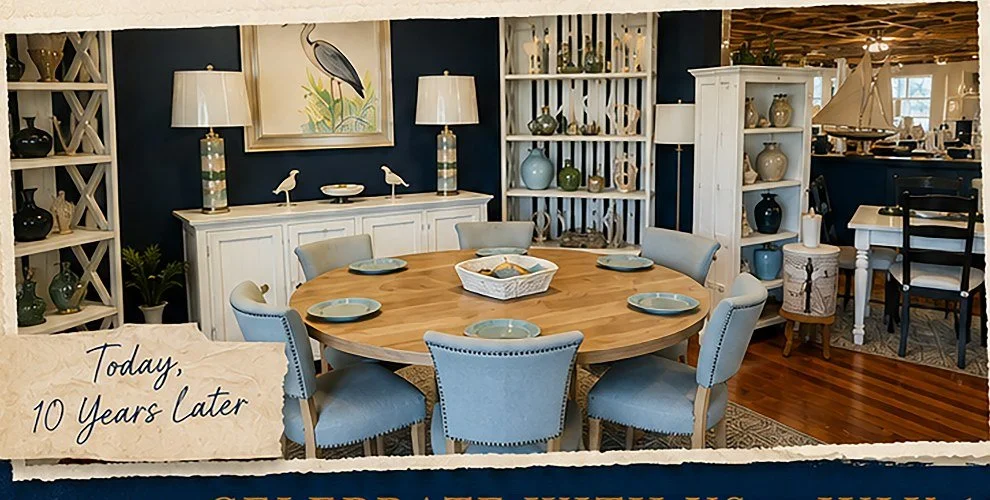 A current Old Charleston Trading Company showroom display with a round dining table, upholstered chairs, and coastal home décor.