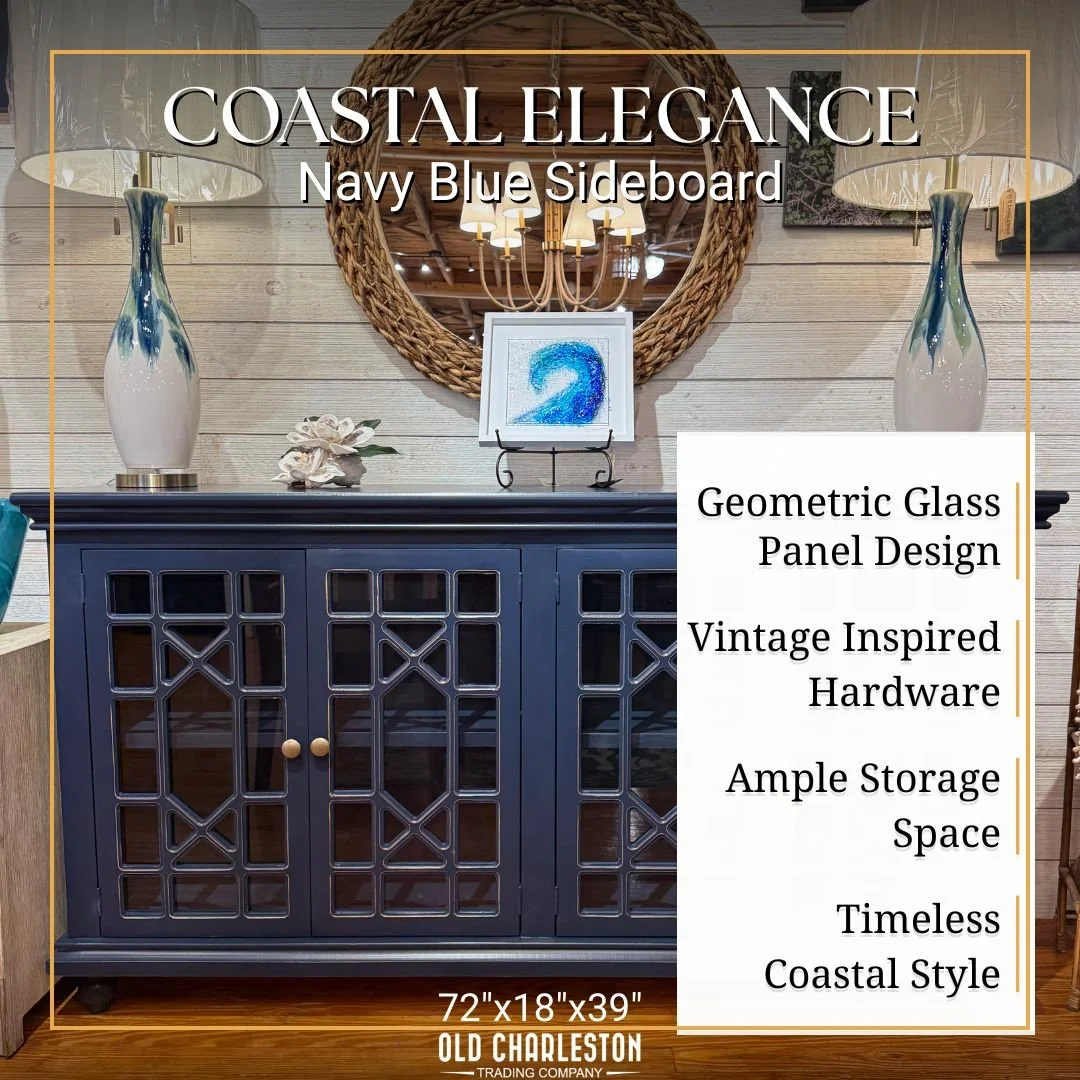 Coastal Elegance. Solid wood sideboard in coastal showroom – Johns Island SC