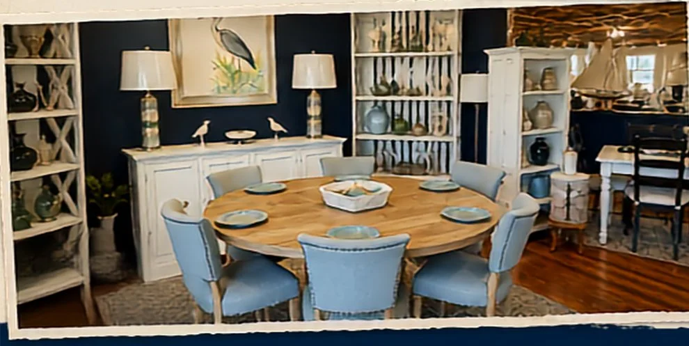 A current Old Charleston Trading Company showroom display with a round dining table, upholstered chairs, and coastal home décor.