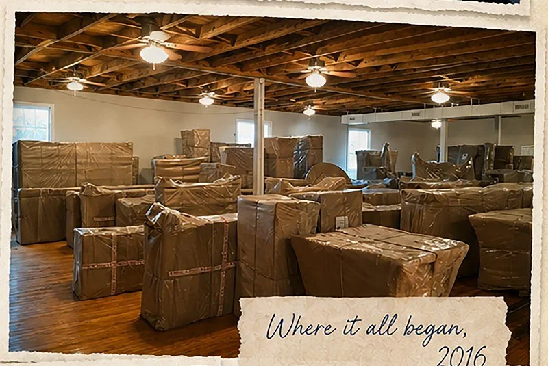 The original Old Charleston Trading Company space in 2016 filled with wrapped furniture before opening.