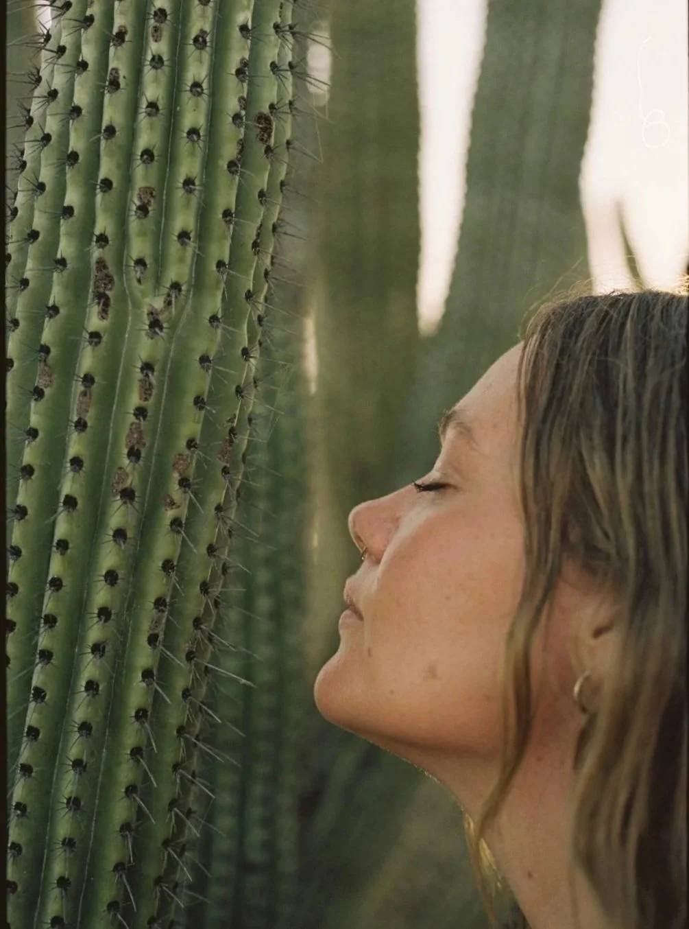 A woman sniffs a large cactus with tall green pads and sharp spines.