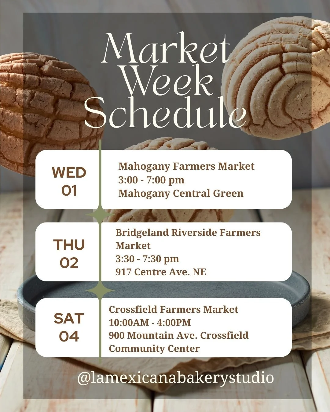 🍂 Find us at these fall markets this week! 🍂 La Mexicana Bakery Studio is bringing cozy seasonal flavors and Mexican tradition to your neighborhood:

📍 Mahogany Farmers Market 🕒 Wednesday | 3:00 &ndash; 7:00 pm ✨ We&rsquo;ll be making fresh crepe