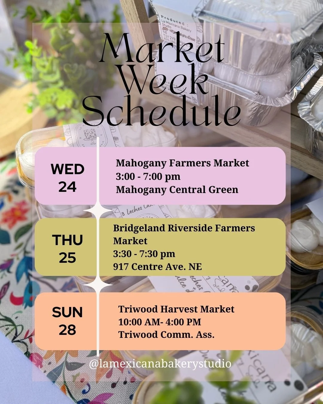 🍂 Autumn Delights and Final Market Weeks!

Join us this week for fall flavors and fresh bakes as we wrap up the market season! Here&rsquo;s where you can find us:

🧡 Mahogany Farmers Market 
Wednesday, 3:00 &ndash; 7:00 PM 

💛 Bridgeland Riverside