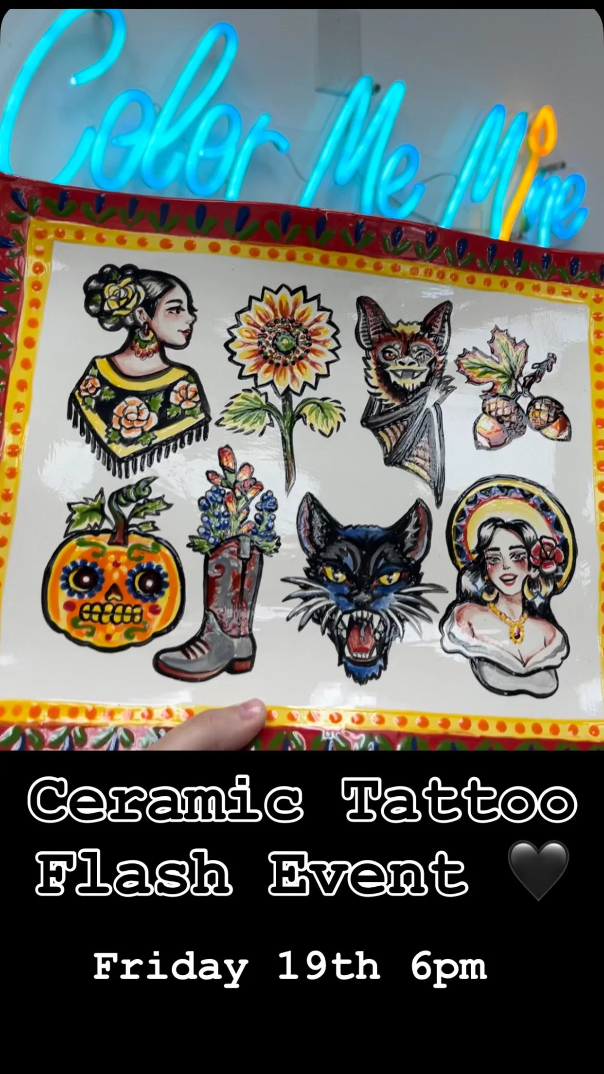 π¨β¨ Tattoo meets ceramic art! β¨π¨
This Friday (the 19th) at 6 PM I’ll be at the Color Me Mine in Huebner Oaks hosting a ceramic tattoo flash design event.
Come hang out, get creative, and check out my exclusive flash sheet while painting you