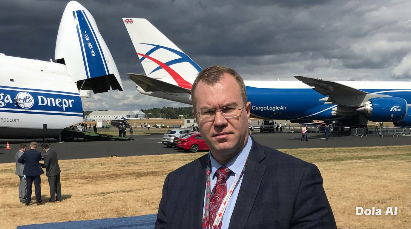 A man in a suit with a checked pattern, wearing glasses and a patterned red tie, stands in front of a display of large cargo airplanes on an airfield, with dark storm clouds overhead and several parked cars and people in the background.