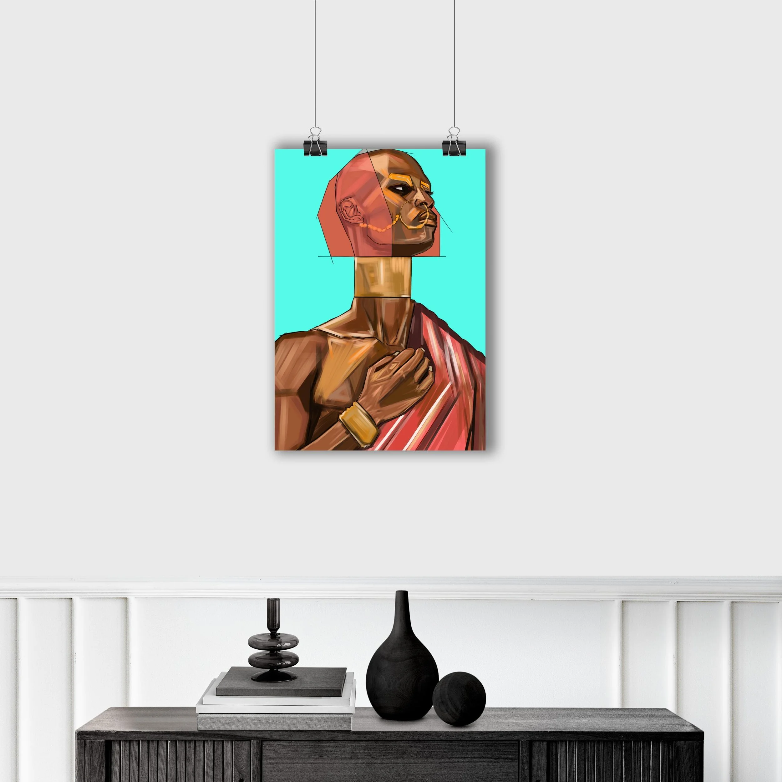 Colorful digital art portrait of a woman with short red hair, wearing gold jewelry, draped in a red and white striped cloth, against a bright teal background.