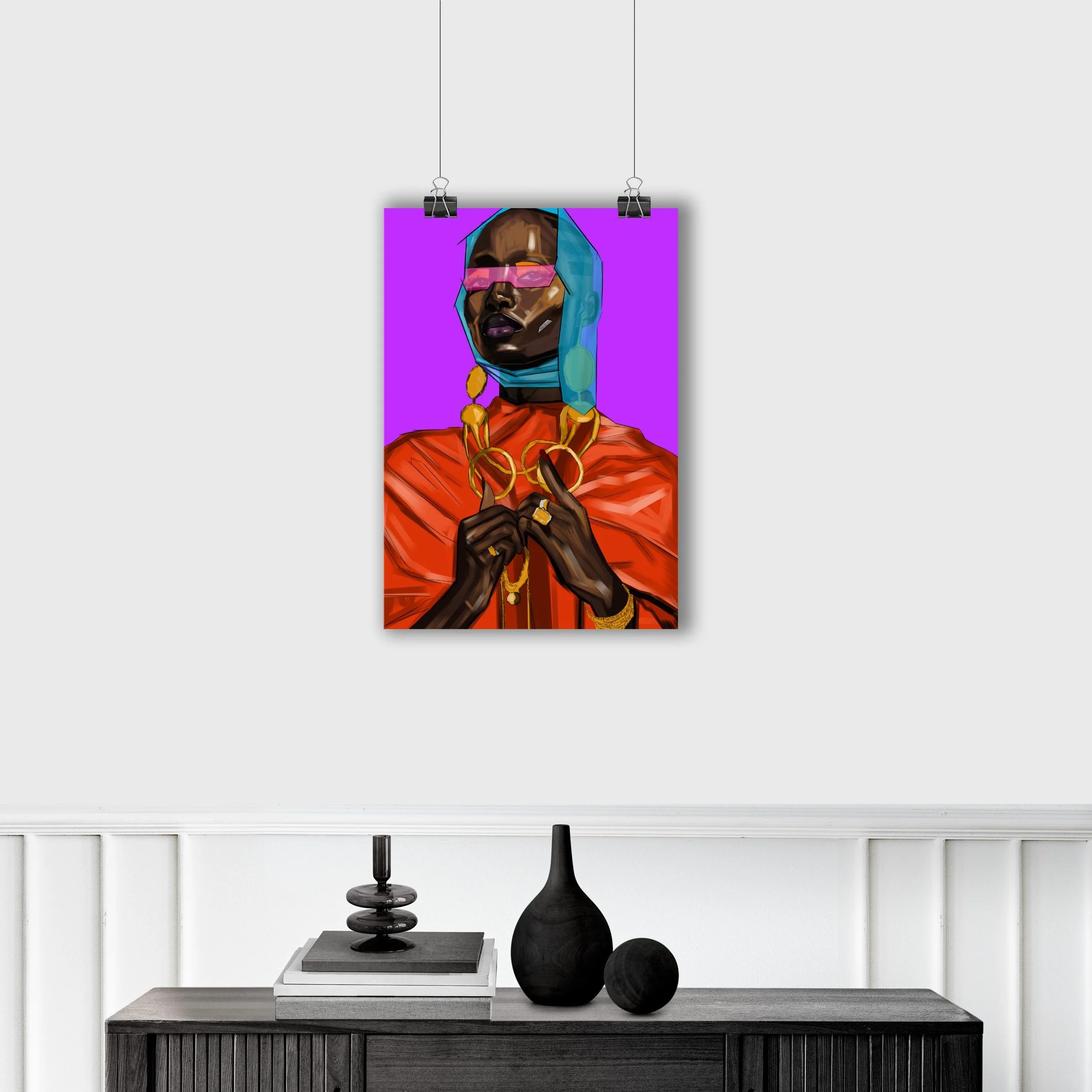 Digital illustration of a woman with dark skin, wearing pink sunglasses, a blue headscarf, gold jewelry, and a red garment, set against a purple background.