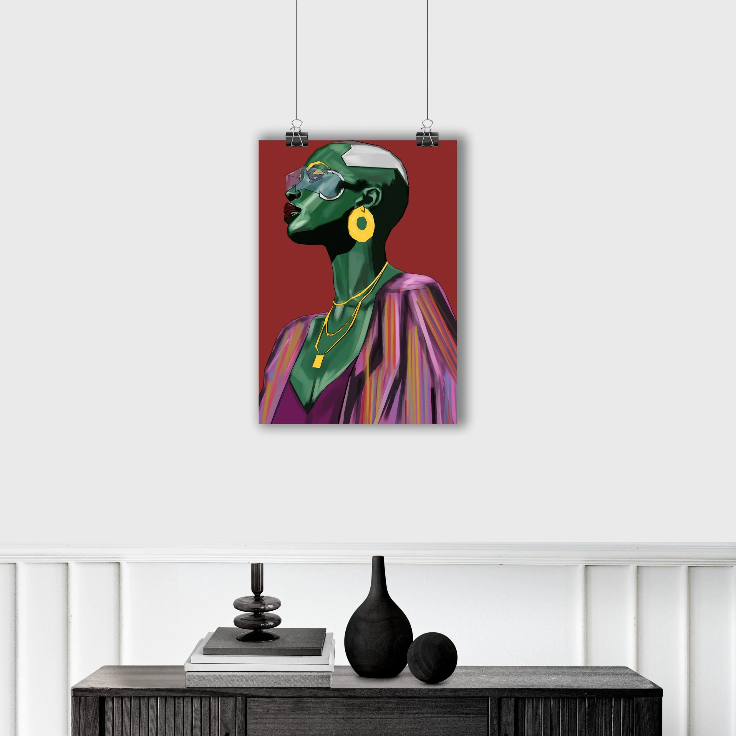 Colorful digital portrait of a woman with dark green skin, wearing glasses and large yellow earrings, dressed in a vibrant striped blazer and purple top, hanging on a plain white wall.