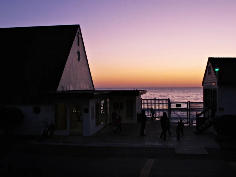 Oceanside United Reformed Church building at sunset in Carlsbad, CA