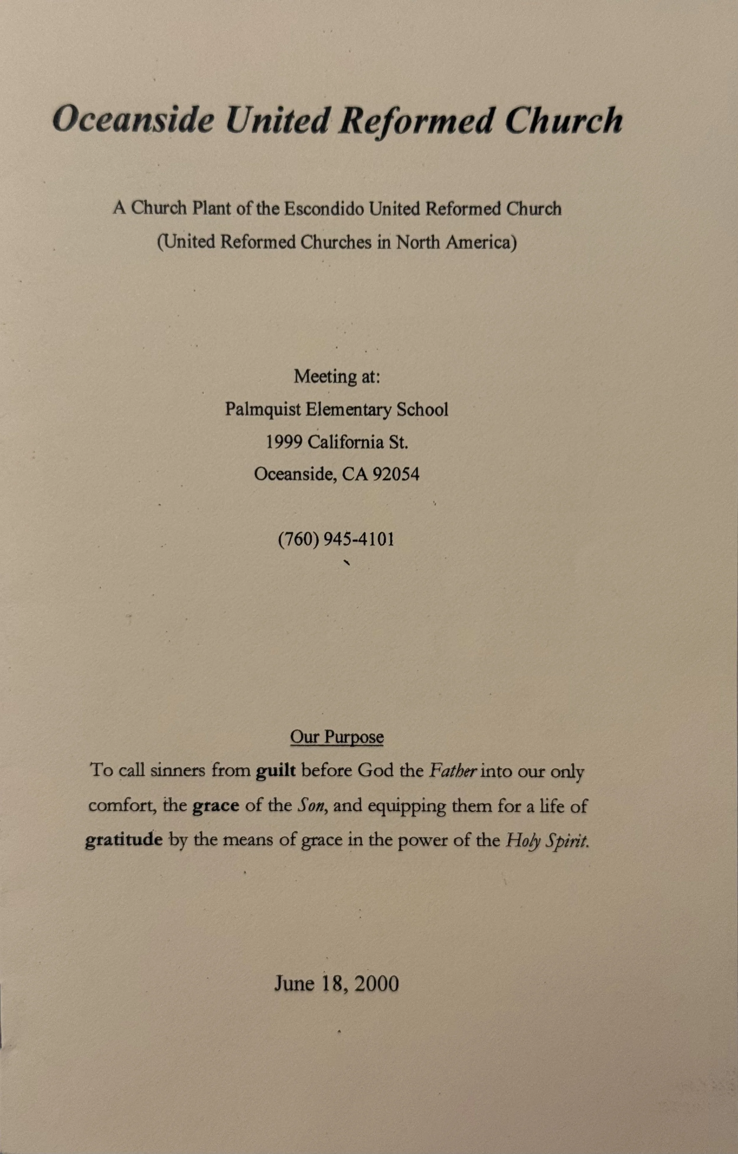 Our first bulletin—early congregational life as a church plant