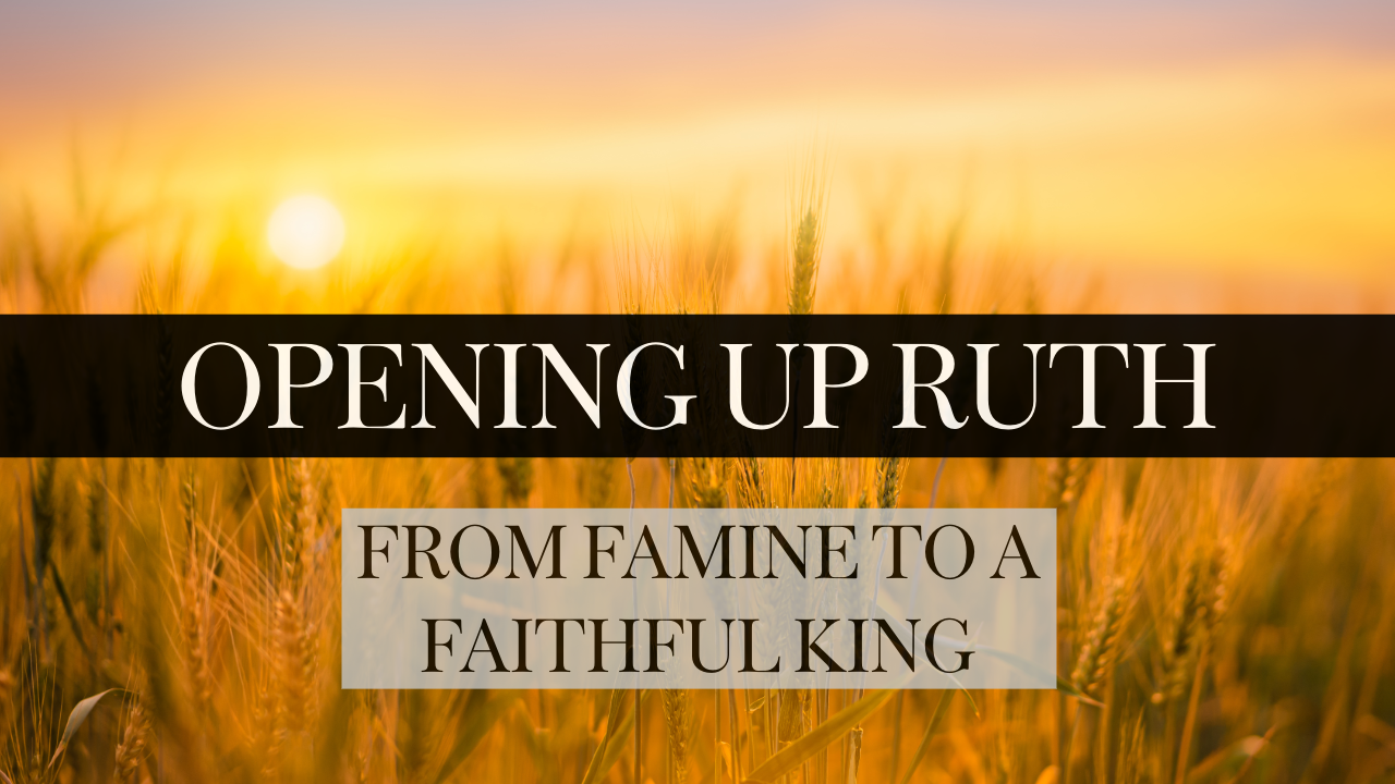 A grain field with the sun in the background with the series title Opening Up Ruth: From Famine to a Faithful King
