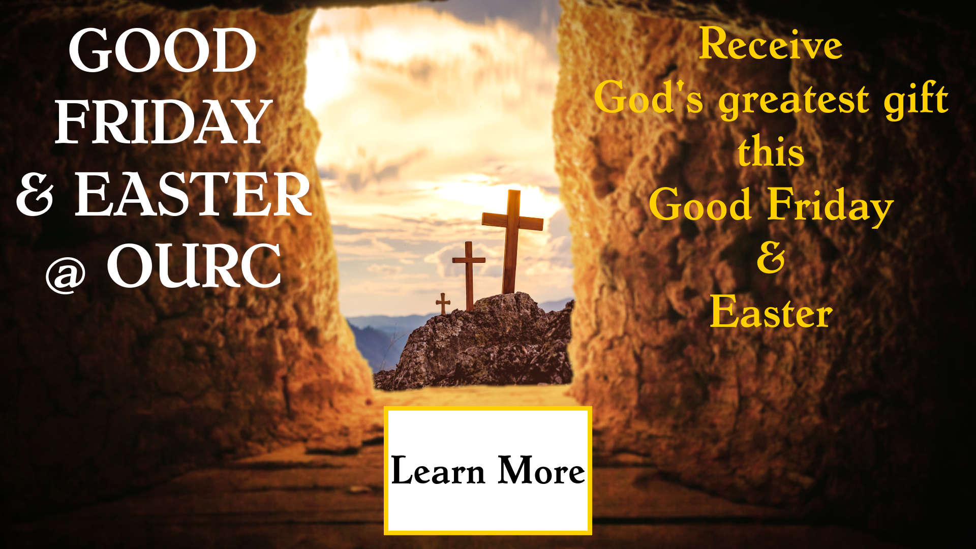 A Good Friday and Easter invitation on the backdrop of an empty tomb looking out and seeing three crosses