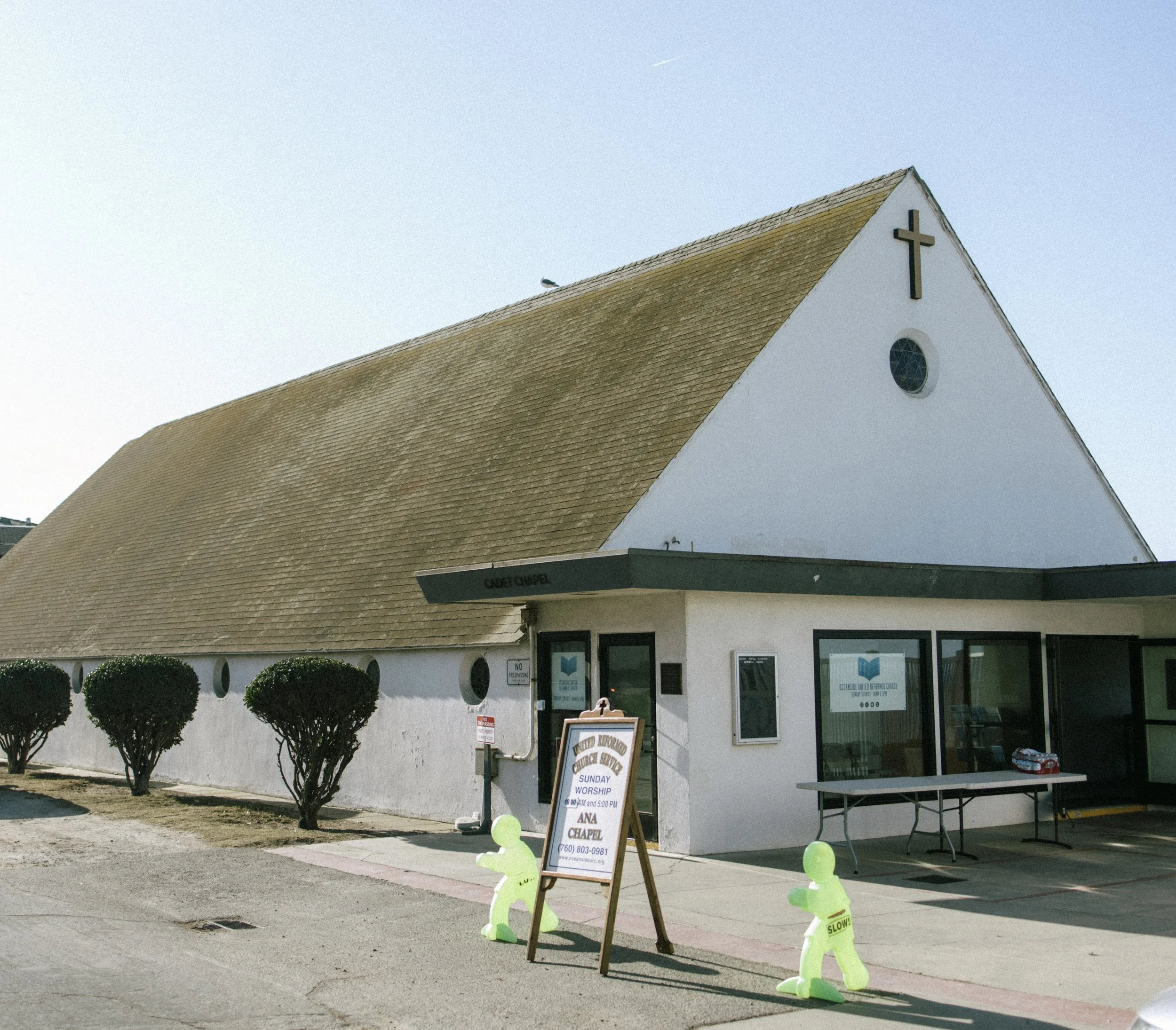 The Army and Navy Academy chapel at Cypress Ave. and Ocean St. in Carlsbad, with Oceanside URC’s sign out front