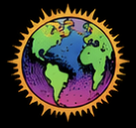 Colorful illustration of planet Earth with a sunny, radiant border