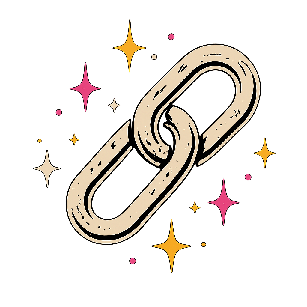 Digital illustration of a metallic chain link with colorful sparkles and stars around it.