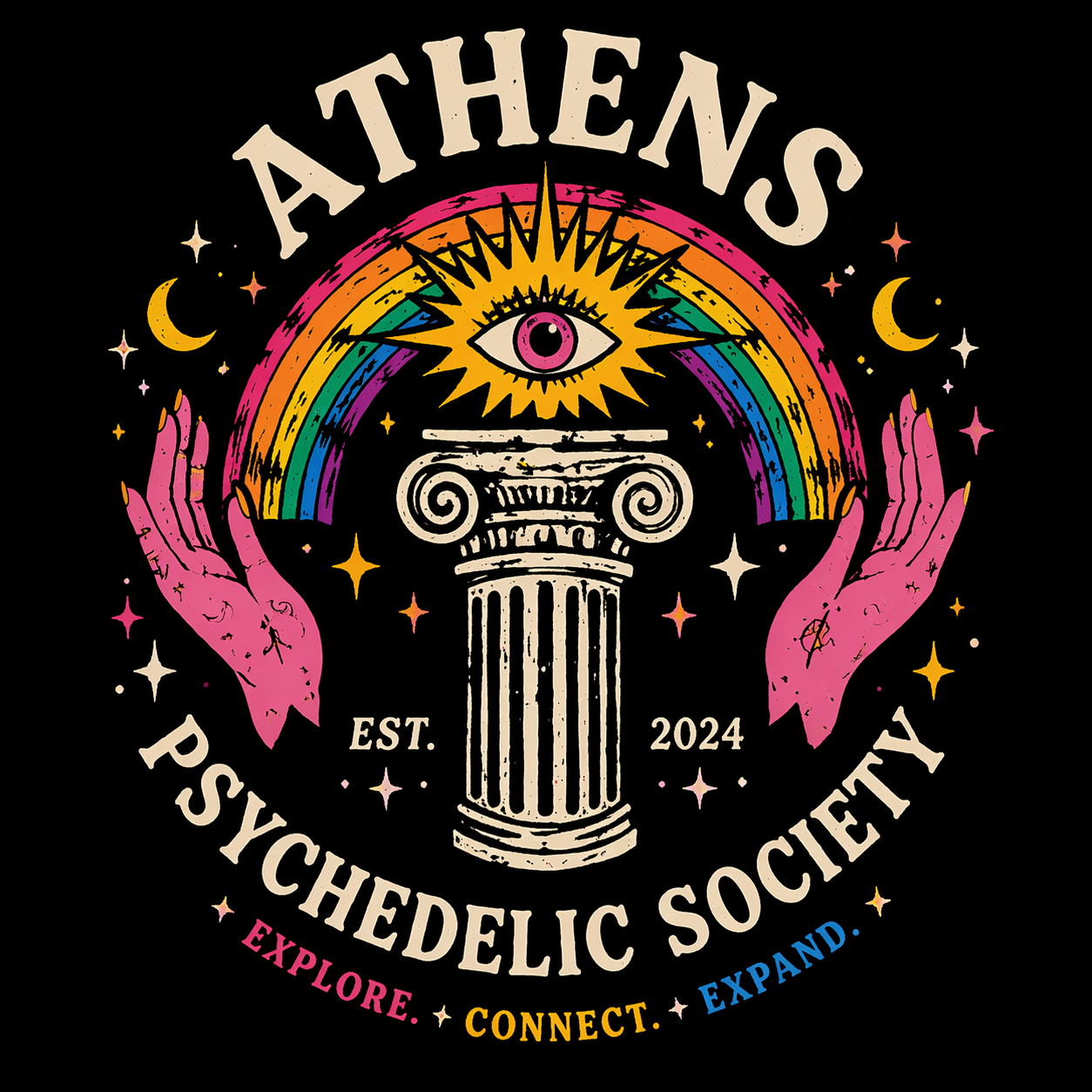 Logo for Athens Psychedelic Society featuring an eye surrounded by a rainbow, two pink hands, a column, moons, stars, and the text "Athens Psychedelic Society Est. 2024" with the words "Explore, Connect, Expand" at the bottom.