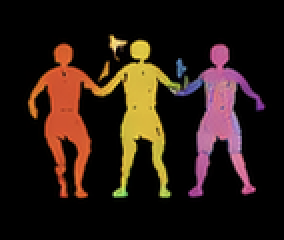 Silhouette of three colorful dancing women holding hands, with small yellow, blue, and pink birds around them, against a black background.