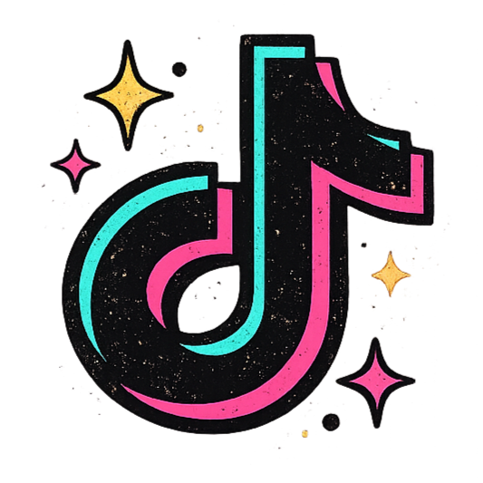 A stylized, glittery TikTok logo with colorful stars and sparkles around it.