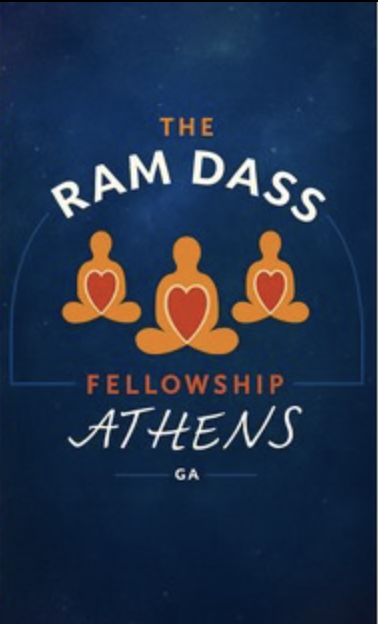 Logo for The Ram Dass Fellowship in Athens, Georgia, featuring three orange meditating figures with hearts on their chests against a blue background.