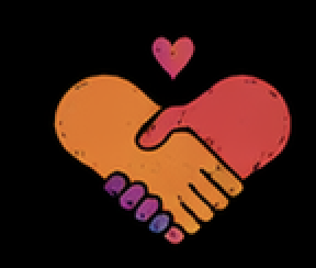 Illustration of two hands shaking, combined with a heart shape, symbolizing cooperation and love.