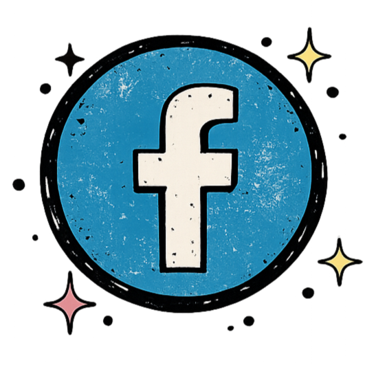 Facebook logo in a blue circle with a distressed texture, surrounded by colorful star-like decorations.
