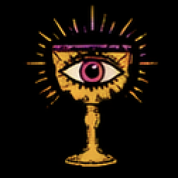 A surreal illustration of a goblet with an eye in the center, surrounded by radiating lines.