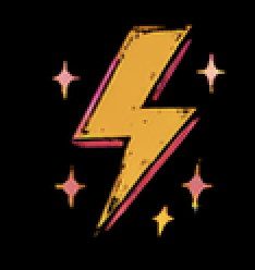 Yellow lightning bolt surrounded by pink and yellow sparkles on a black background.