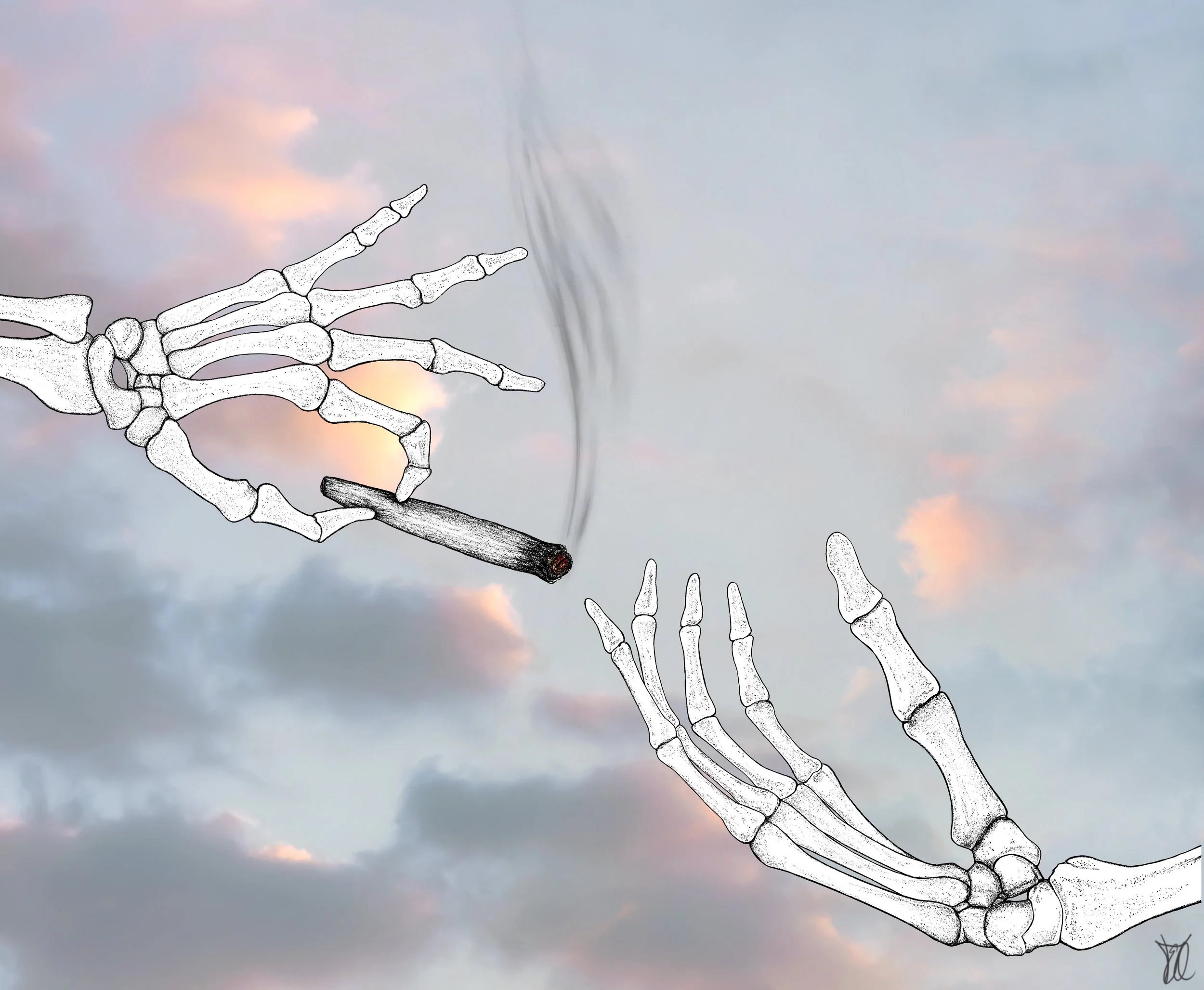 a stippling illustration of a skeleton hand holding a lit joint handing handing it to another skeleton hand over a pastel cloud background