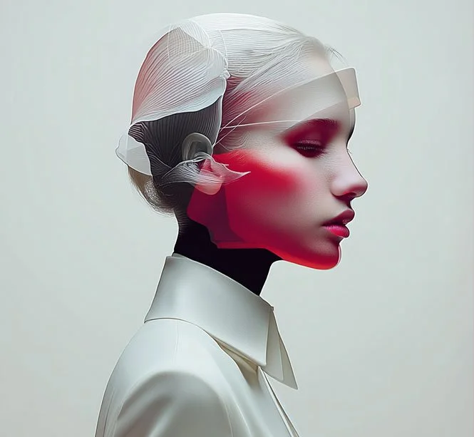 A futuristic portrait of a woman with a semi-transparent headpiece and makeup featuring a red glow on the cheek. She is wearing a white high-collared shirt.