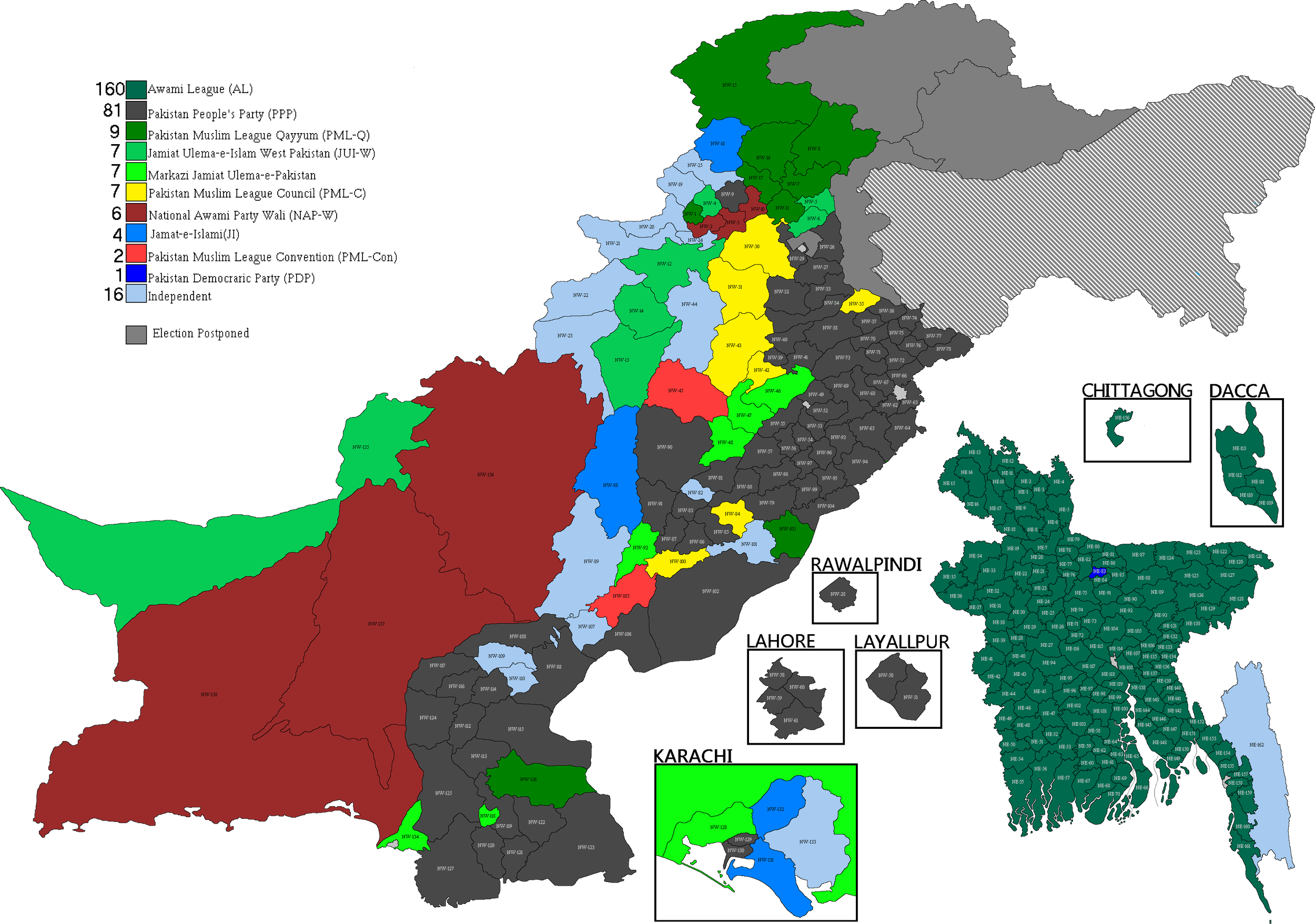 Map of Pakistan Showing National Assembly Constituencies and winning Parties. Awami League Awami League took 160 of East Pakistan's 162.