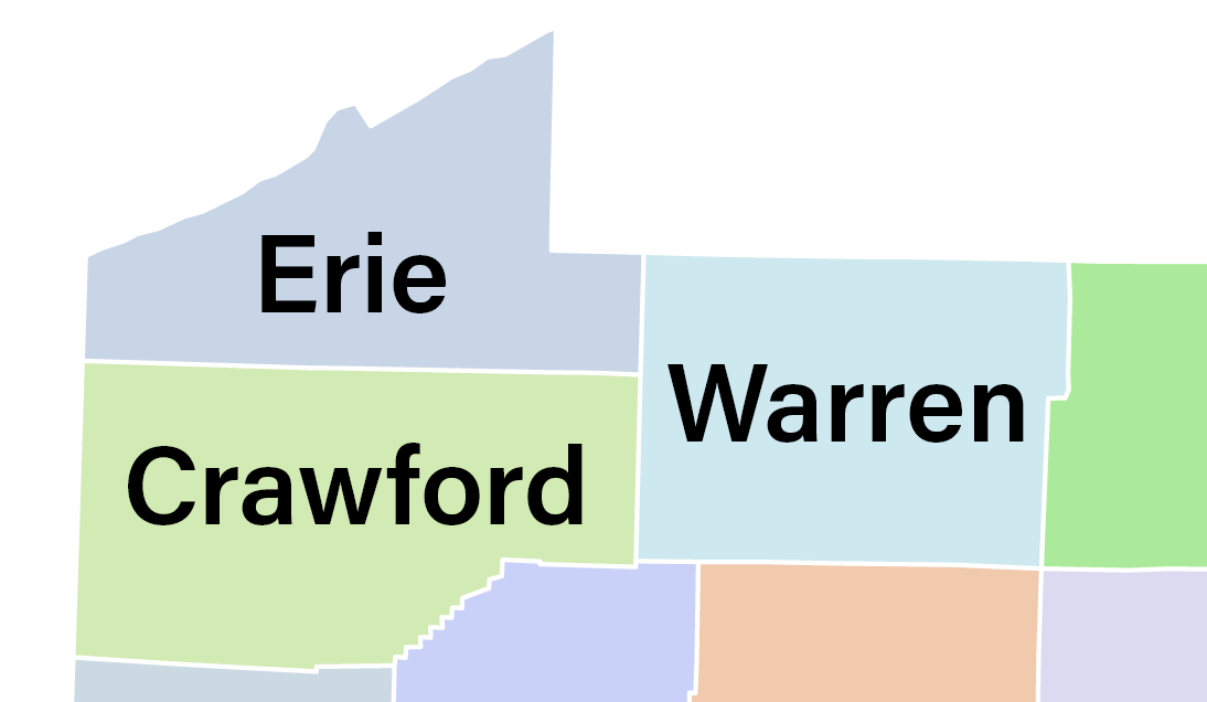 Colored map highlighting the counties Erie, Crawford, and Warren in a state.