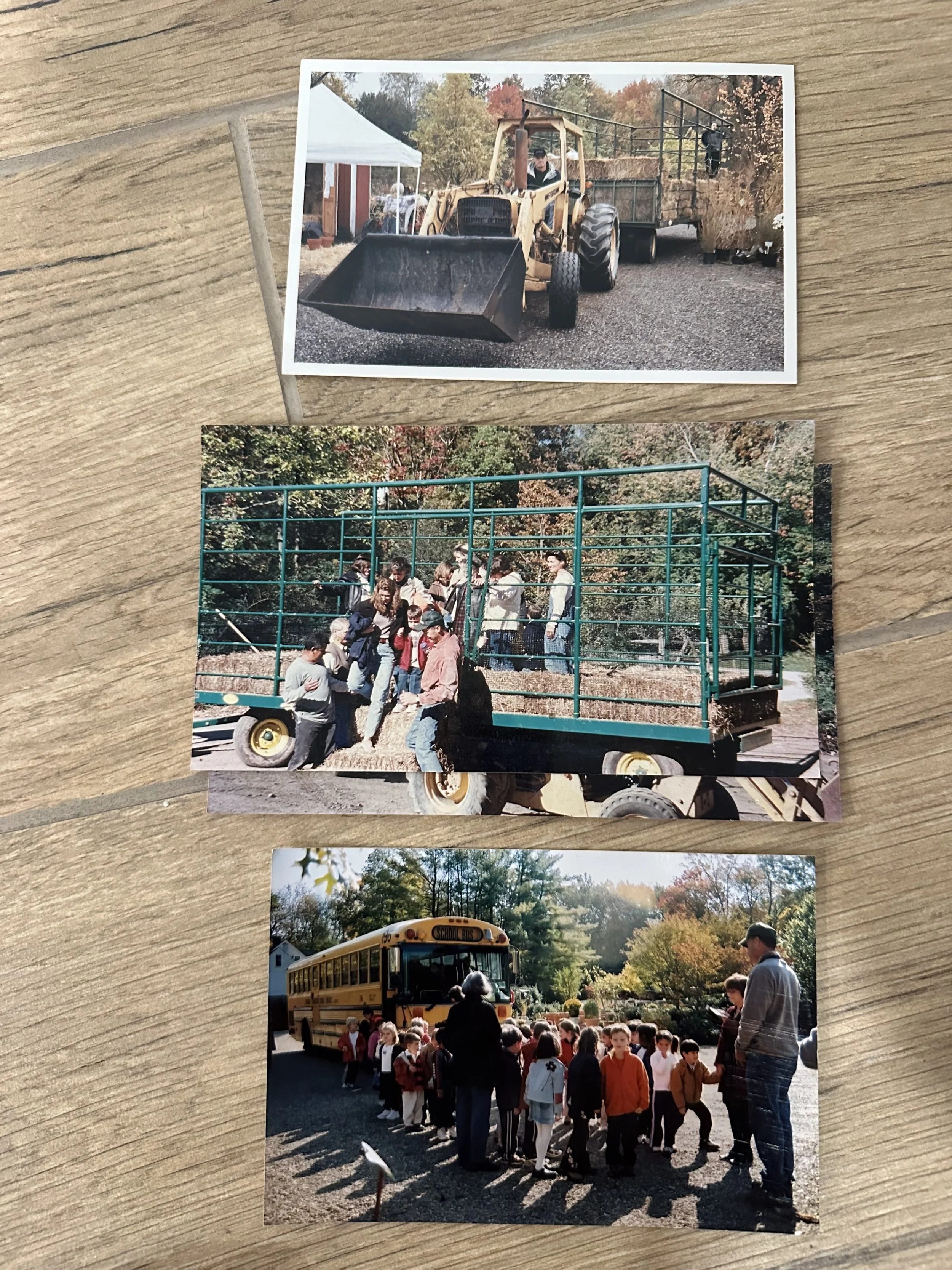 Three photos showing outdoor activities at a farm or rural setting. The top photo features a yellow bulldozer with a person seated inside. The middle photo shows a group of children and adults sitting on a flatbed trailer with a green metal frame, surrounded by trees with autumn foliage. The bottom photo depicts children lined up at a yellow school bus, with an adult supervising, on a sunny day.
