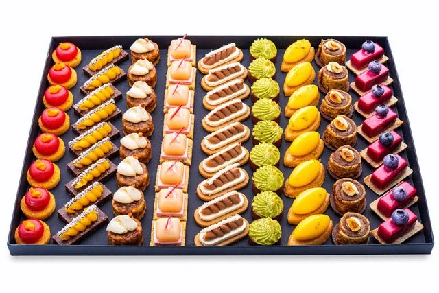 Large tray of assorted French petits fours by Curty's, hand-crafted in Paris
