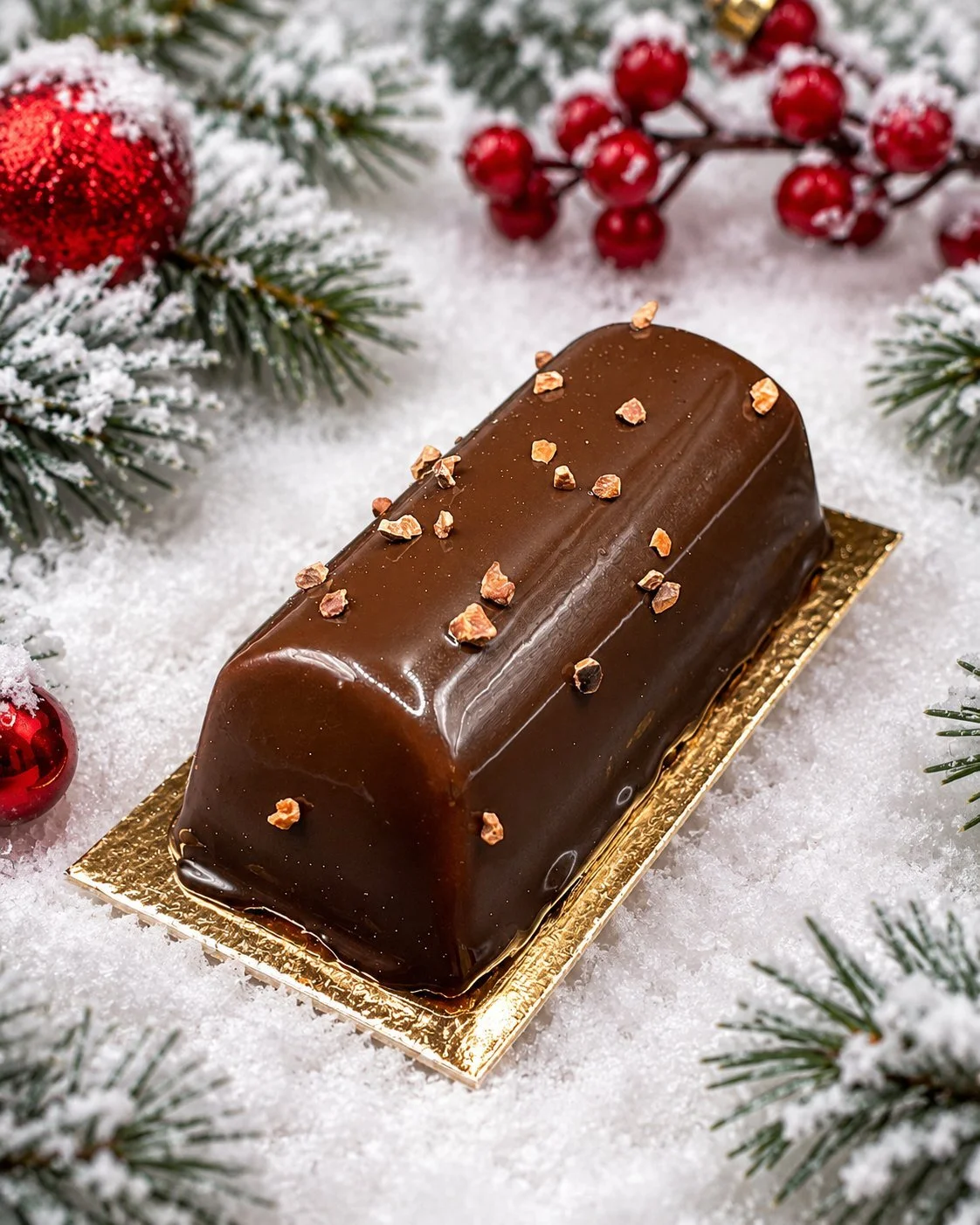 Chocolate peanut bûche de Noël, a dark glossy chocolate Christmas log with crunchy nut pieces on a gold board, set among snowy pine branches and red ornaments