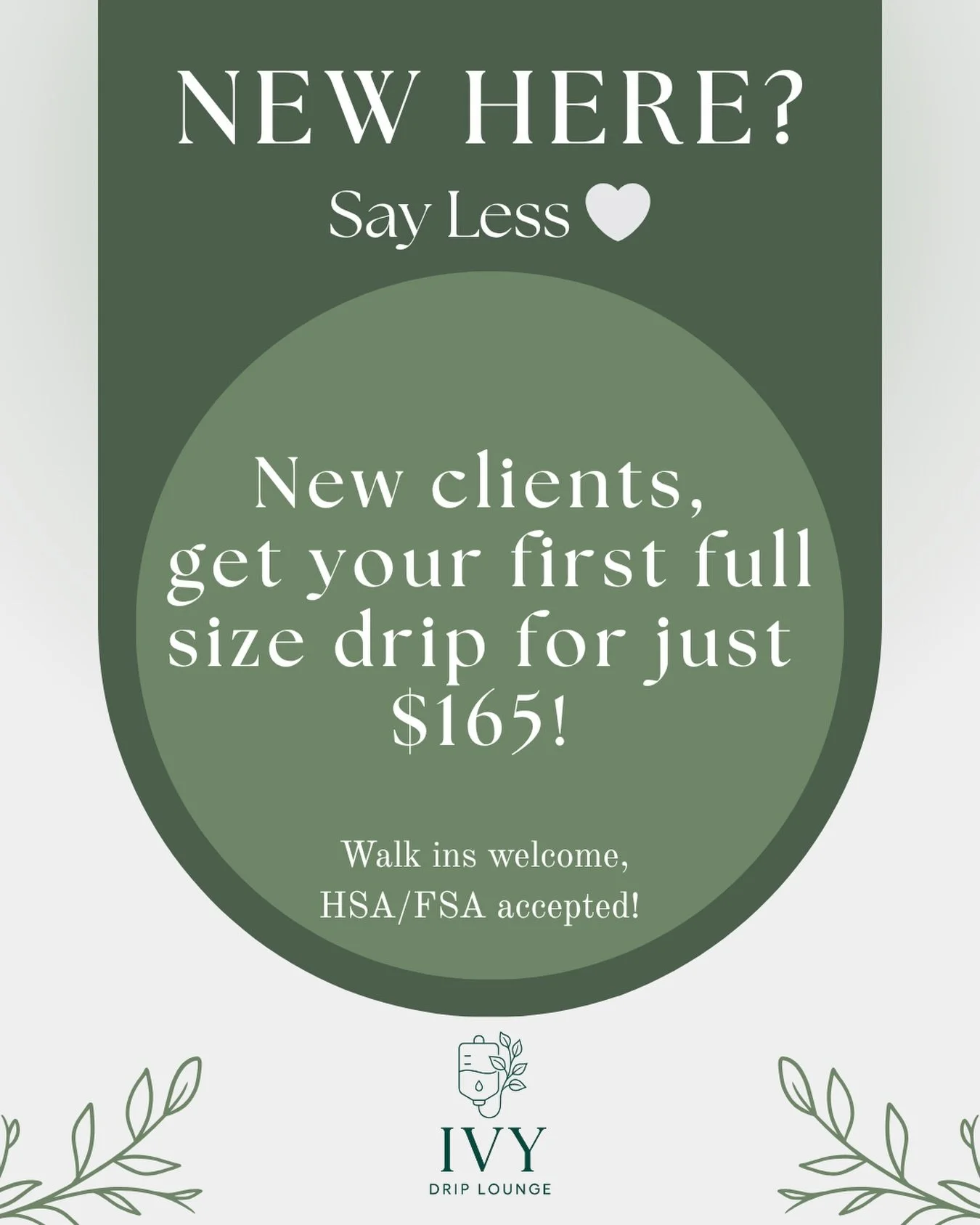 New clients 🤍
Get your first full size drip for just $165 💧✨

Perfect if you&rsquo;re feeling:
&bull; Run down
&bull; Dehydrated
&bull; Low on energy
&bull; In need of a reset