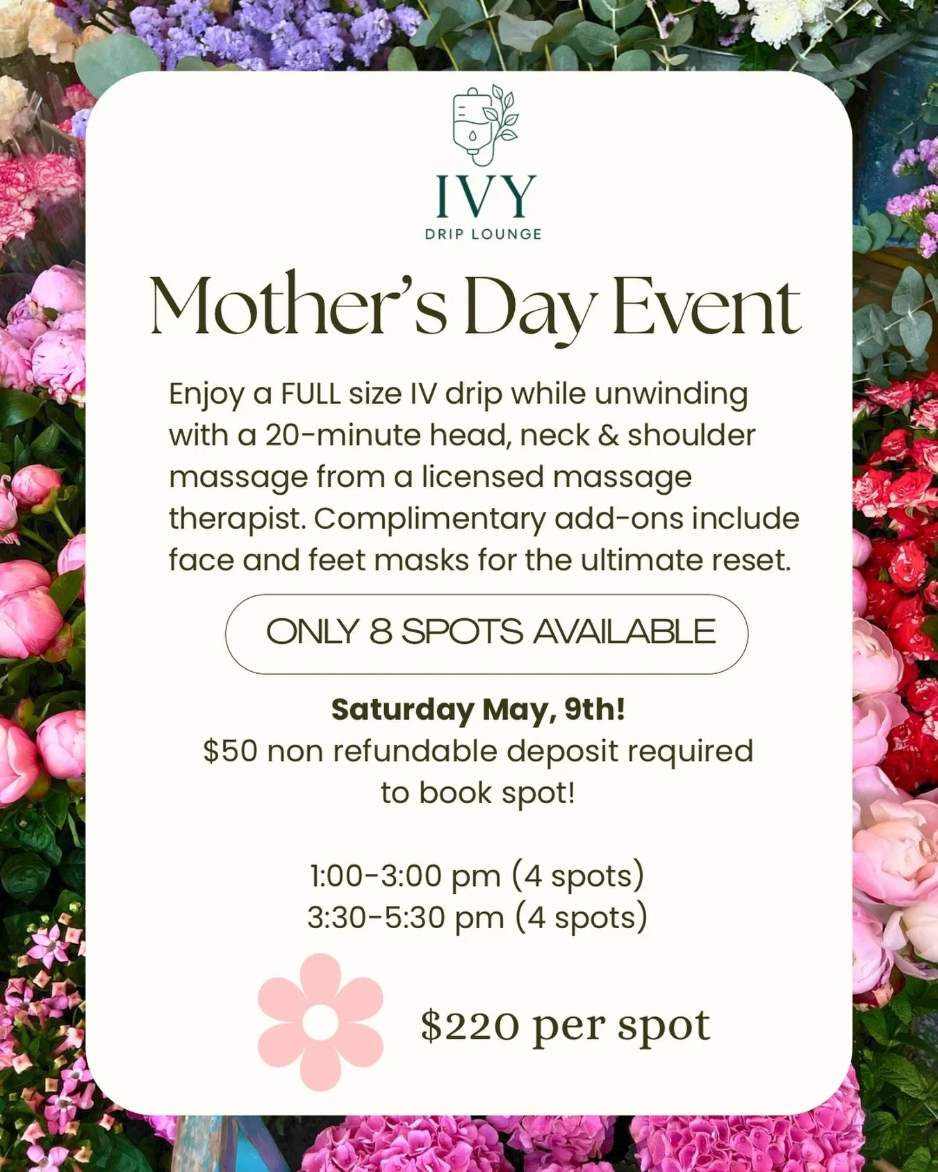 🌸Mother&rsquo;s Day at IVY Drip Lounge 🌸
Grab your mom, your bestie, or treat yourself 🤍 We&rsquo;re hosting a cozy, exclusive Mother&rsquo;s Day event made for slowing down, relaxing, and getting pampered ✨

Enjoy: 💧 FULL size IV drip 💆&zwj;♀️ 
