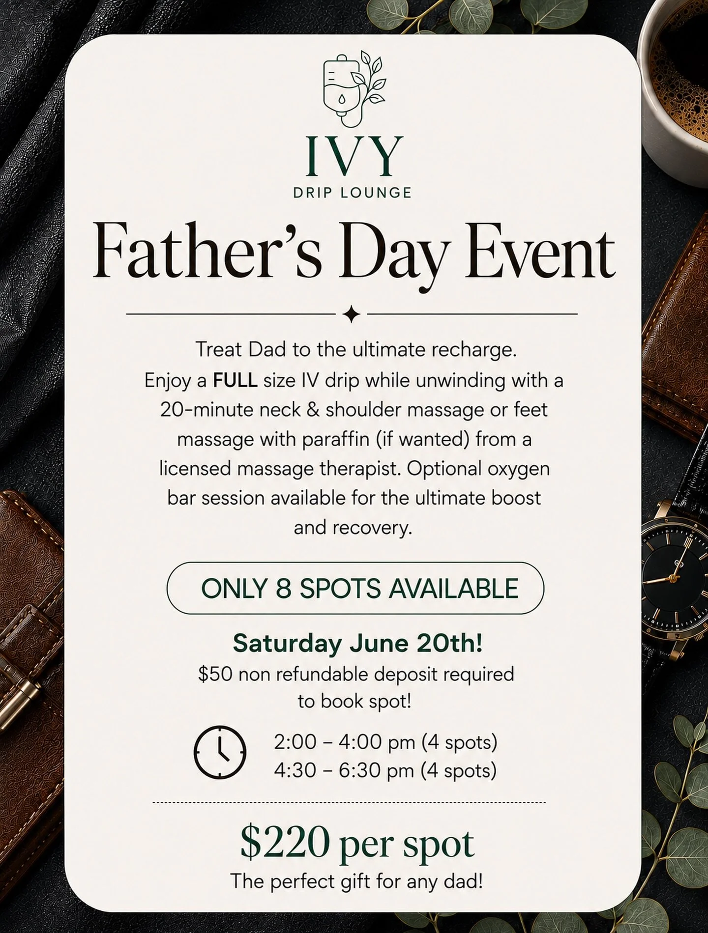 Treat Dad to the ultimate recharge this Father&rsquo;s Day!  Perfect for yourself, your husband, boyfriend, dad, or honestly anyone who needs to chill, relax, and be taken care of for a little while! 

Join us Saturday, June 20th at IVY Drip Lounge f