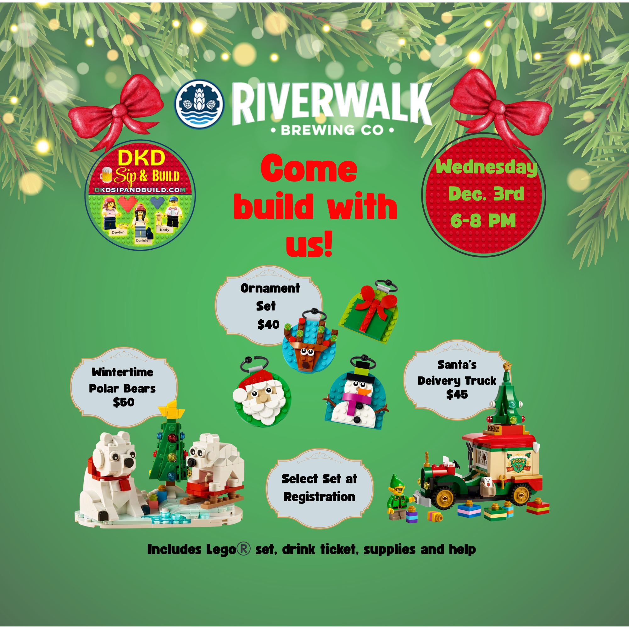 RiverWalk Brewing -Holiday Lego®️ Sip and Build - Wintertime Polar Bears, Santa's Delivery Truck &amp; Ornament Set