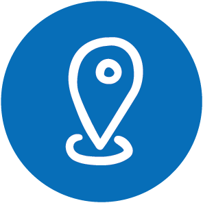 White location pin icon on a blue circular background.