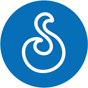A white icon resembling a stylized S-shaped snake or ribbon inside a blue circular background.