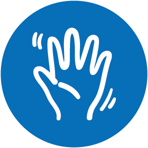 An icon of a hand waving inside a blue circle.